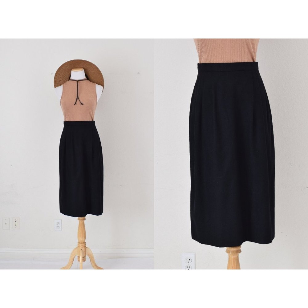 Vintage 80s Wool Black‎ Midi Skirt size 10 | 28 waist